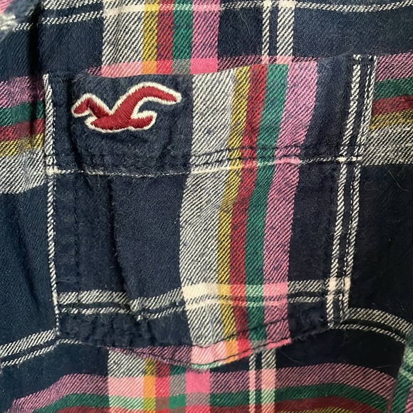 Hollister Plaid Navy Pink White Yellow Teal Flannel long sleeve button down- M - Picture 3 of 9